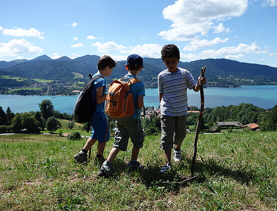 Drei Jungen wandern auf einem Berg