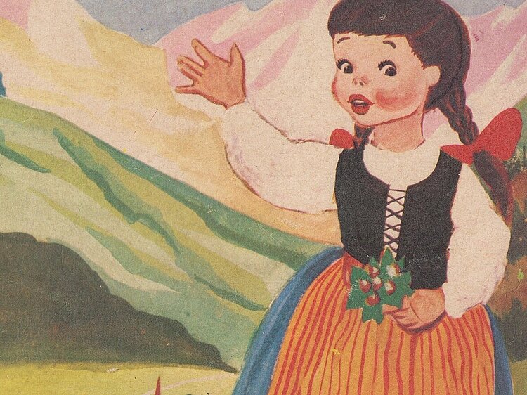 Eine Zeichnung von dem Mädchen Heidi auf der Wiese, hinter ihr die Berge, sie winkt dem Betrachter zu.