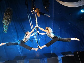 2 Kinder turnen am Trapez im Zirkuszelt vom Kinderzirkus Krullemuck