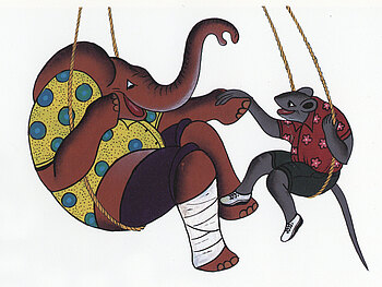 Farbige Zeichnung von einem Elefant und einer Maus, die jeweils auf einem Seil sitzend schaukeln.