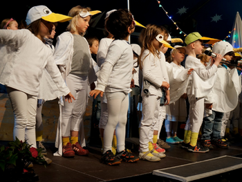 Mehrere Kinder stehen als Vögel verkleidet auf der Bühne.