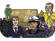 Eine Zeichnung von einer Polizistin im Vordergrund und weiteren Figuren.
