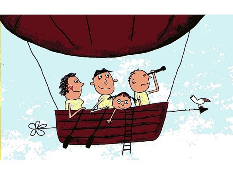 Eine Zeichnung zeigt drei Kinder, die in einem Boot sitzen, das an einem Heißluftballon hängt und fliegt.