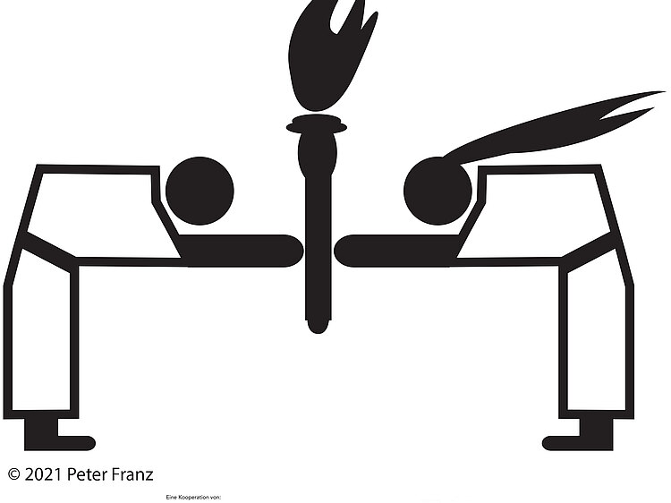 piktogramm von zwei judoka in anzügen, die sich voreinander verbeugen und eine fackel tragen