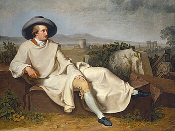 Gemälde mit Goethe von Johann Heinrich Wilhelm Tischbein von 1787. Es zeigt Goethe vor der Landschaft der italienischen Region Kampanien.
