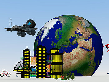 Das Bild stellt einen virtuellen Raum dar: Eine Erde umgeben von Rakete, Ufo, Fahrrad, Gebäude und Heißluftballons in Form einer animierten Computer-Darstellung. Das Bild wird an dieser Stelle gezeigt, um den angekündigten Workshop symbolhaft zu visualisieren und um den Inhalt zu vermitteln.