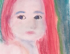 Ein Mädchen ist in Farbe gezeichnet. Die Haare sind pink der Hintergrund ist grün.