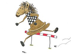 Zeichnung des Maskottchen Schachi, eine Schachfigur Springer mit Pferdekopf