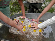 Kinder mit Stein und Blumen am ASP