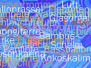 In bunter Schrift wurden auf blauem Hintergrund verschiedene selbst erfundene Instrumentennamen neben- und übereinandergeschrieben - zum Beispiel: Wassertrommel, Luftballonrassel oder Klapperblech.