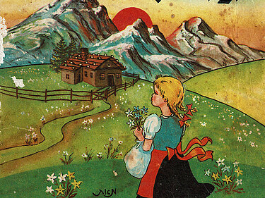 Eine Zeichnung von dem Mädchen Heidi mit Blumen in der Hand. sie schaut auf ein Haus und die Berge.
