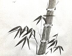 Bambus im Vordergrund und im Hintergrund oben links der Vogel in der Ferne