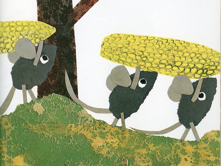 Eine Grafik aus dem Buch: Drei Mäuse tragen zwei Maiskolben über eine Wiese.