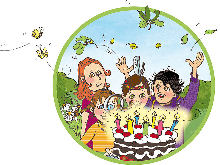 Zeichnung von vier Kindern, die um eine Torte herumstehen