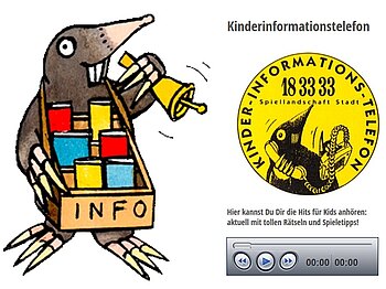 Spiellandschaft Stadt Schriftzug Maulwurf mit Schriftzug "Info"
