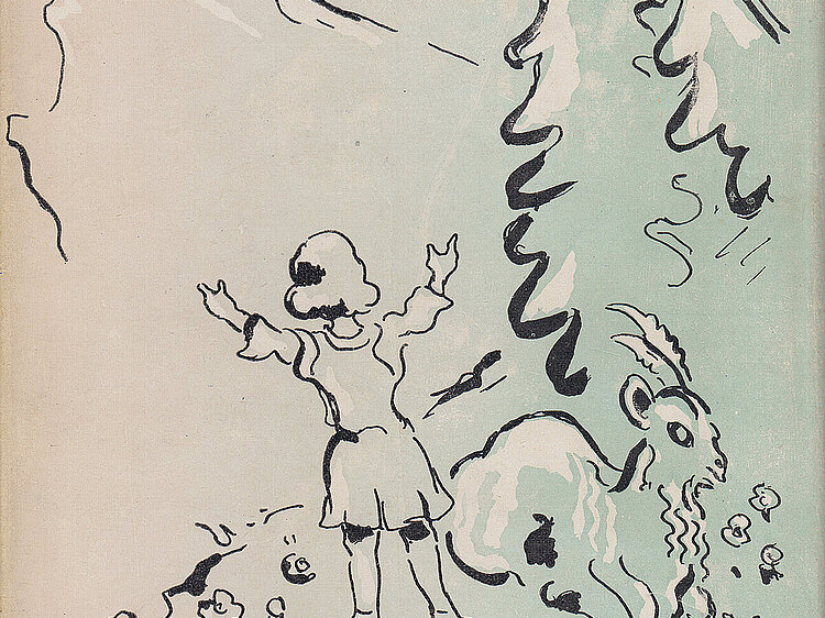 Eine Zeichnung von dem Mädchen Heidi auf der Wiese, vor ihr die Berge.