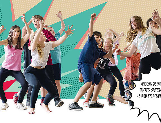 Eine Gruppe von Kindern tanzt. Der Hintergrund ist grafisch farbenfroh und dynamisch gestaltet und in einer eingefügten Sprechblase steht:„Spielen in der Stadt wird CultureClouds!“
