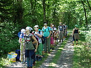 Eine Gruppe steht mit verbundenen Augen mitten im Wald auf einem Weg und lässt sich von einer sehenden Person führen