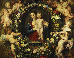 Gemälde von Peter Paul Rubens, Madonna im Blumenkranz mir vielen Engeln um sie herum und ihrem Kind auf dem Arm