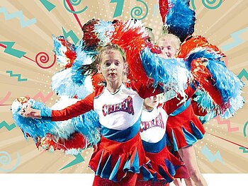 Als Cheerleader verkleidete Mädchen stehen hintereinander in einer Reihe und wedeln mit ihren Pom-poms. Sie sind vor einem grafisch erstellten Hintergrund mit verschiedenfarbigen Blitzsymbolen und Kringeln platziert.
