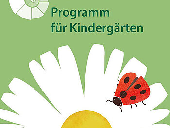 Werbeplakat Programm für Kindergärten mit einem Gänseblümchen und einem Marienkäfer